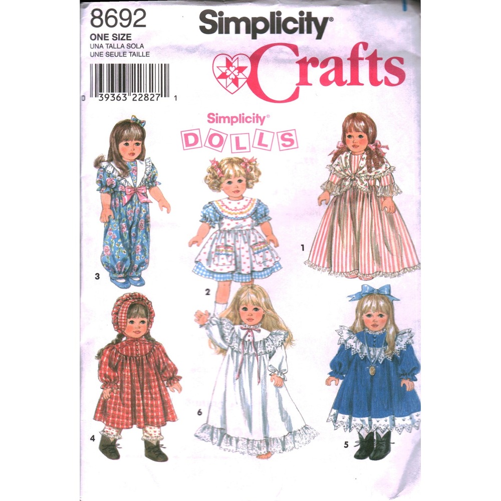 Simplicity 8692 18 Inch Doll Clothes Sewing Pattern‎ Wardrobe Romper Dress Gown